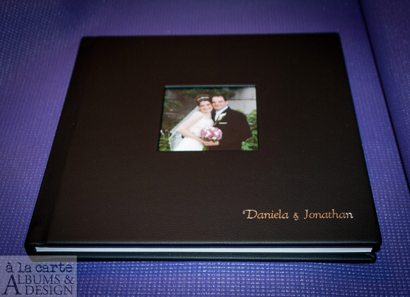 12x12 skiiny basic flush album in Texas Tea vegan leather with a cover inset and silver imprinting